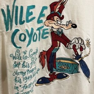 Acme Brand Wile E Coyote Looney Tune Embroidered White T-Shirt Men Large 1992
